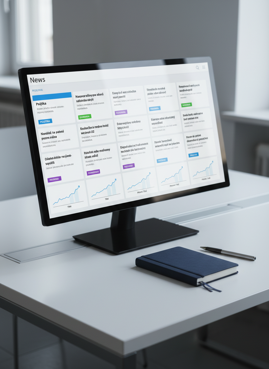A sleek, modern digital news dashboard displayed on an ultra-thin black glass monitor, the screen filled with neatly organized Czech headlines, colored category tags, and small line charts indicating market and weather trends. The monitor stands on a minimalist white desk with a brushed aluminum edge, beside a closed navy-blue notebook and a metallic pen. Cool, diffused morning light from an unseen window reflects softly on the glossy screen and desk surface, creating subtle highlights without glare. Photographic realism, eye-level composition with shallow depth of field keeps the interface in sharp focus while the background fades into a gentle blur of neutral office tones, evoking a professional, reliable, and calm atmosphere suitable for a serious daily news summary site.