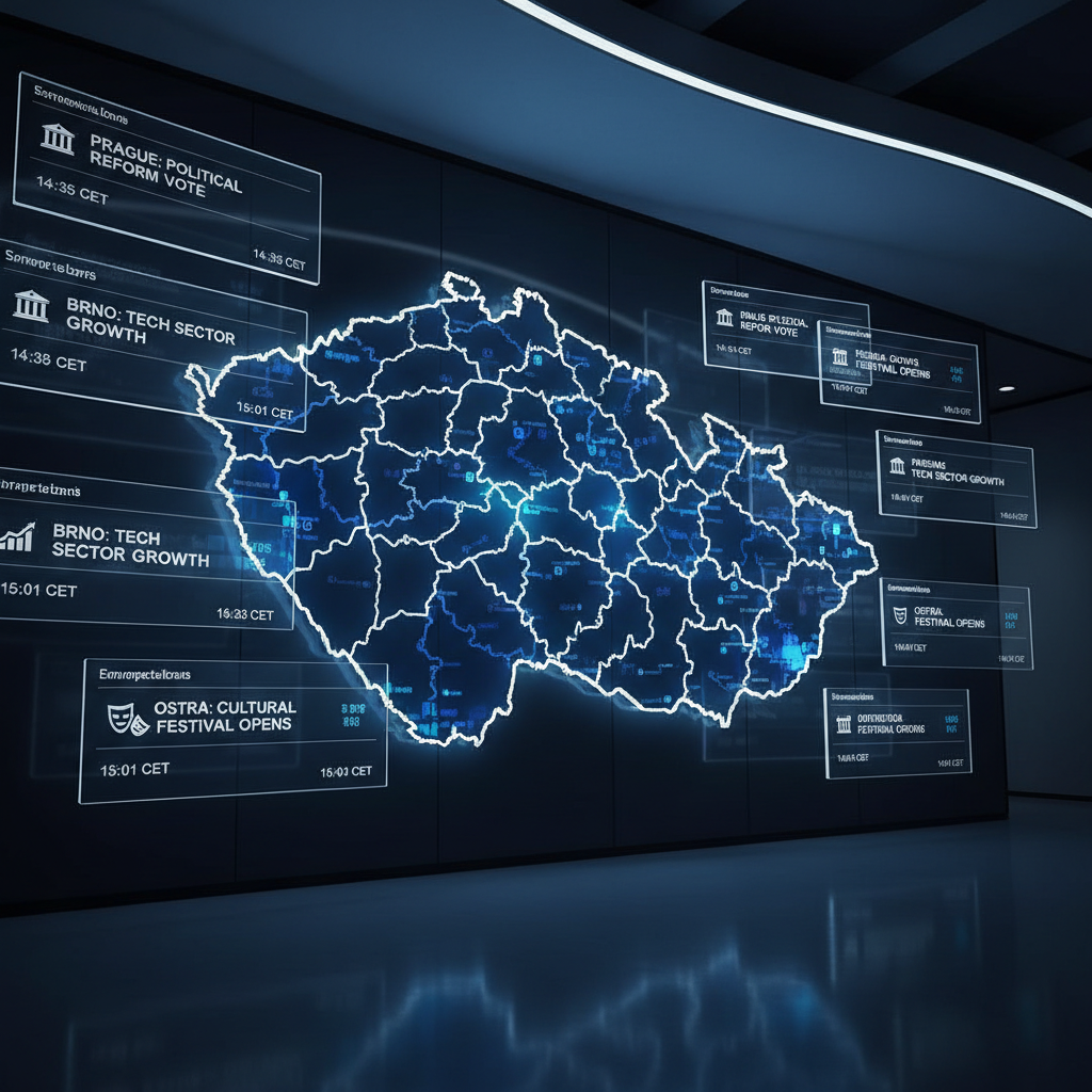 A large wall-mounted digital map of the Czech Republic in a sophisticated newsroom environment, each region outlined in clean white lines and subtly glowing in varying shades of deep blue to indicate news activity intensity. Around the map, sleek transparent panels display floating headlines, timestamps, and tiny icons for politics, economy, and culture. The polished dark wall surface has a faint reflection of the map’s light. Cool studio-style lighting combines with the map’s own soft neon glow, creating a focused, high-tech atmosphere. Captured from a slightly low angle in photographic realism, with sharp focus and wide depth of field, the composition emphasizes clarity, modernity, and a data-driven approach to national news coverage.