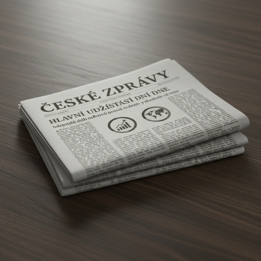 A stack of crisp, freshly printed broadsheet newspapers in Czech, folded neatly and aligned on a dark oak table, the top page displaying bold black headlines and structured columns of text with small monochrome infographics. The rough fiber texture of the paper contrasts with the table’s smooth, matte wood grain. Soft, overcast daylight falls diagonally from the left, casting gentle shadows between the folded layers and giving the scene a subdued, analytical mood. Shot from a slightly elevated angle in photographic realism, the composition follows the rule of thirds, with sharp focus on the top newspaper while the stack recedes into a mild background blur, symbolizing a trustworthy, traditional source of daily information.